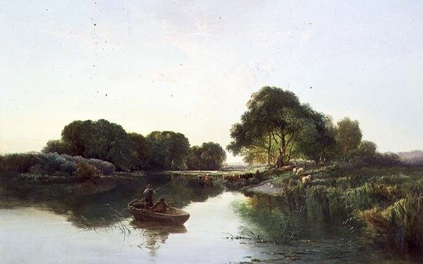 Et skovklædt flodlandskab af Edward Charles Williams