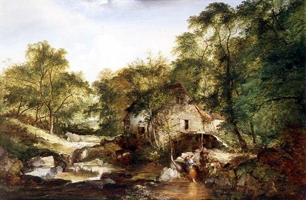 Et skovklædt flodlandskab af Edward Charles Williams
