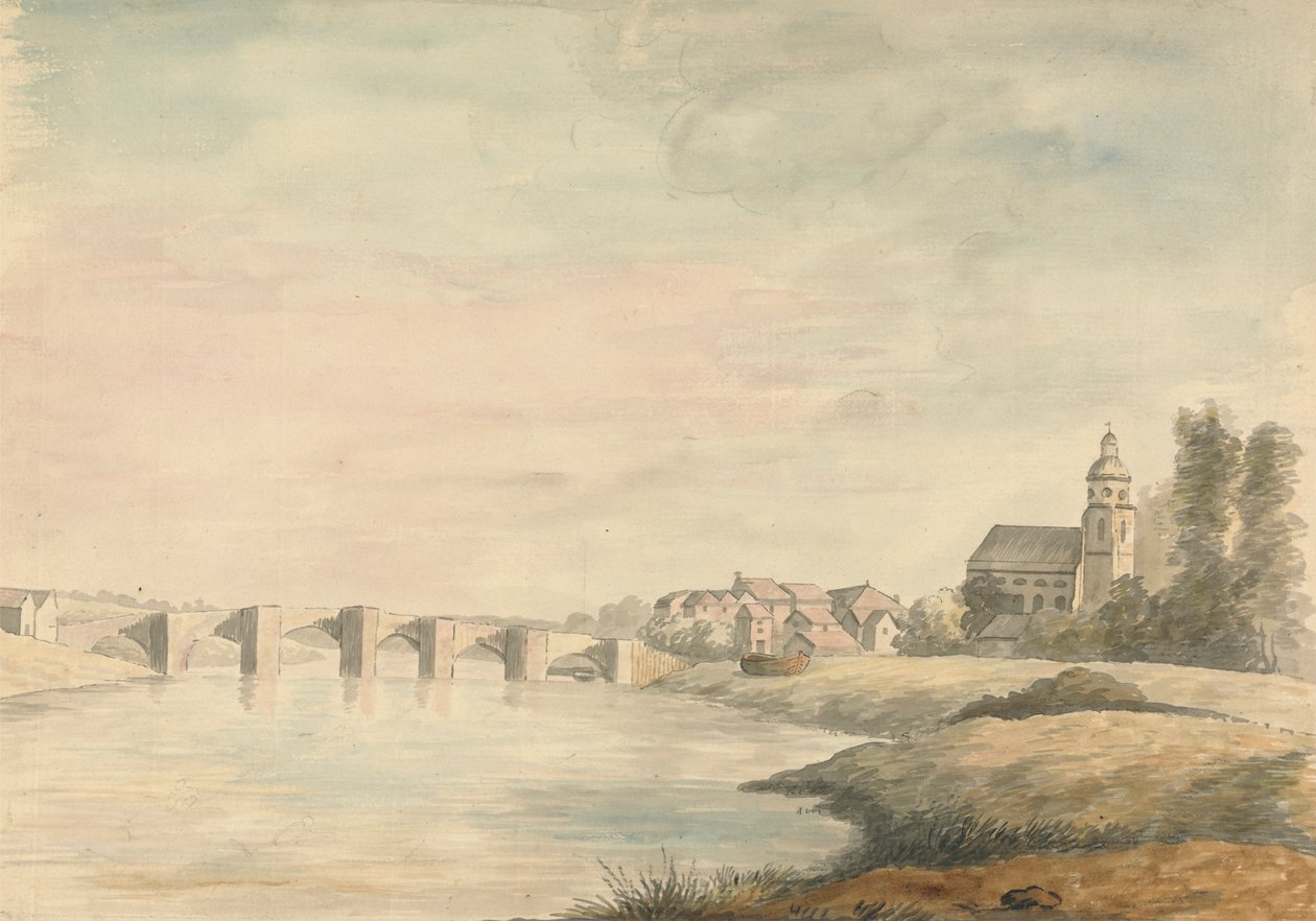Flodlandskab med bro af Edward Francis Burney