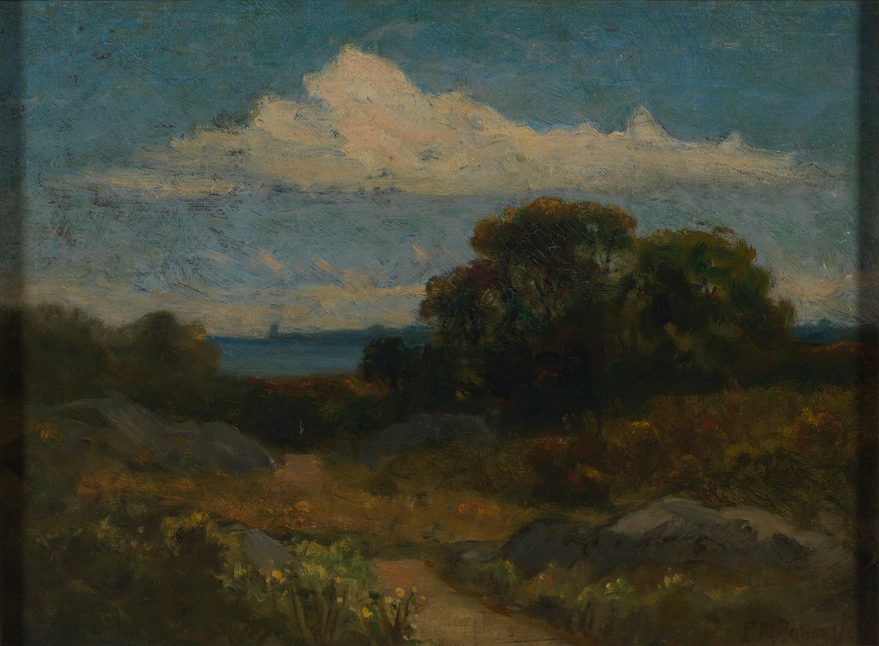Landskab (træer og klipper ved søen) af Edward Mitchell Bannister