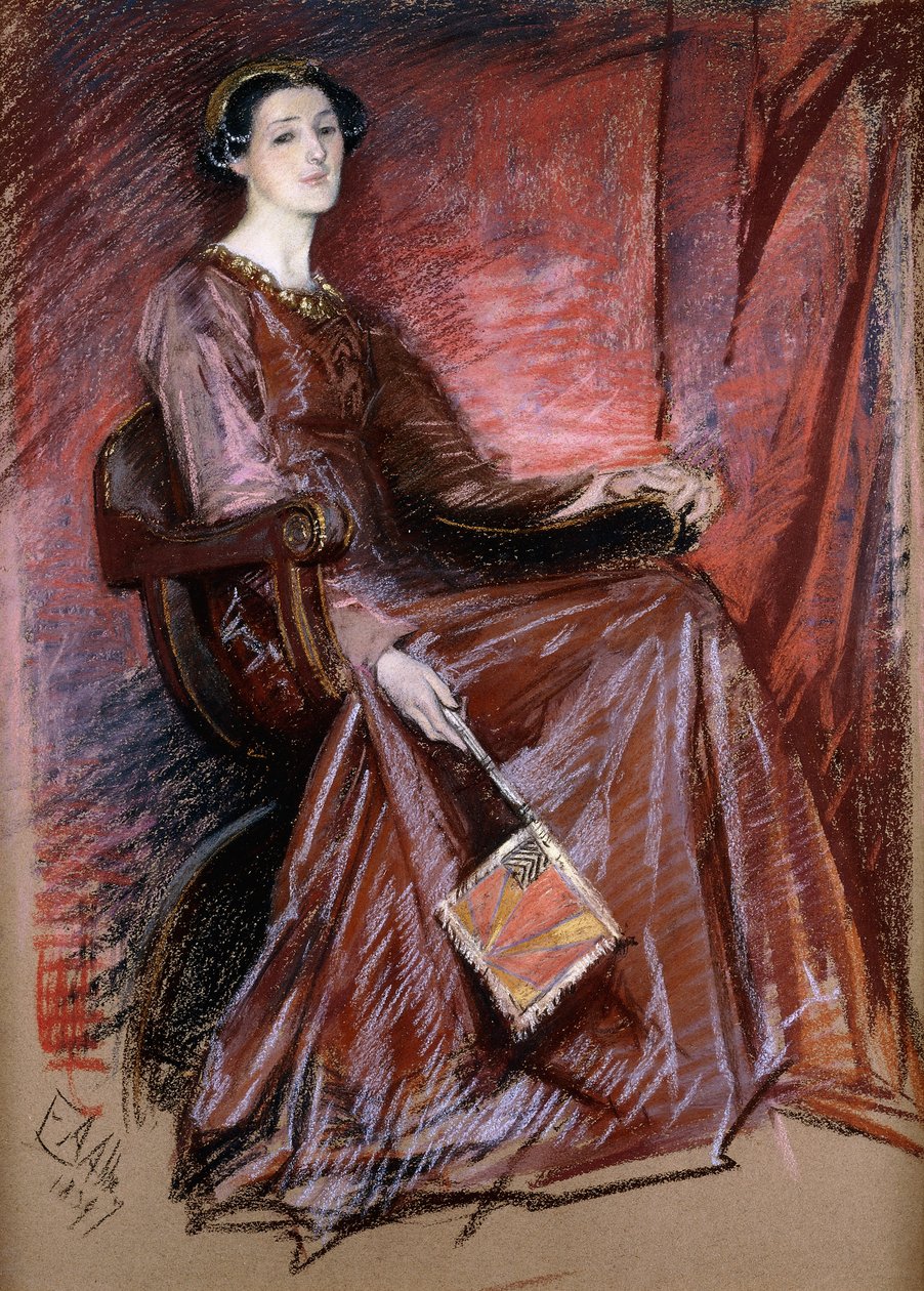 Siddende kvinde iført Elizabethansk hovedbeklædning, 1897 af Edwin Austin Abbey