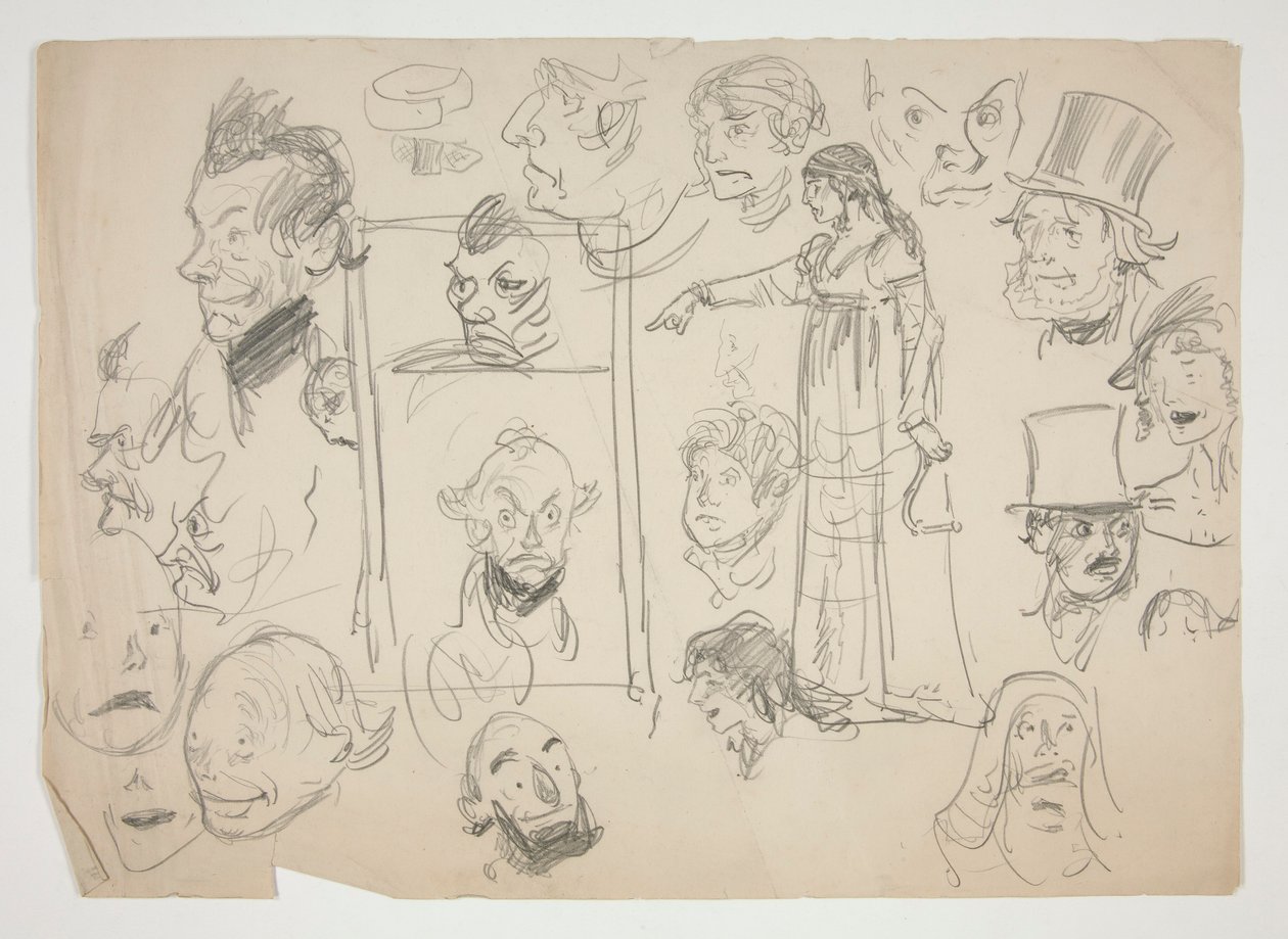 Ark med skitser af ansigter af Edwin Austin Abbey