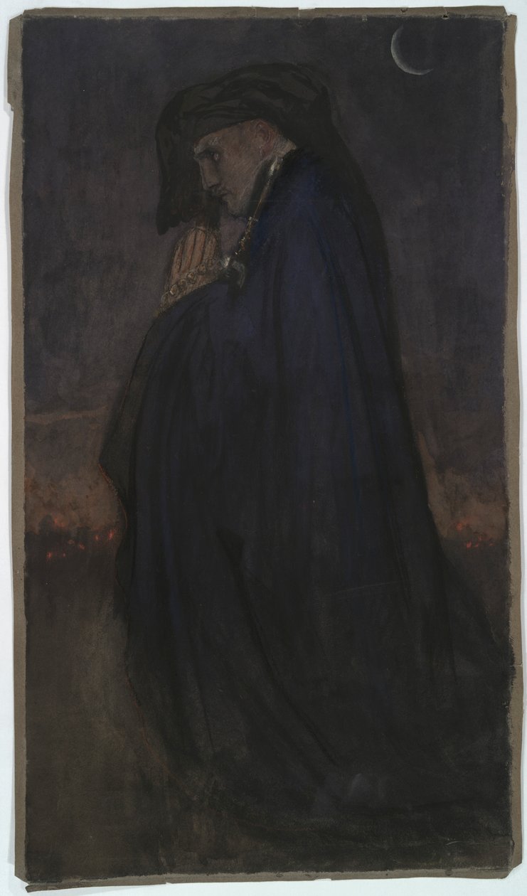 Undersøgelse. Mand i blå kappe, måneskin af Edwin Austin Abbey