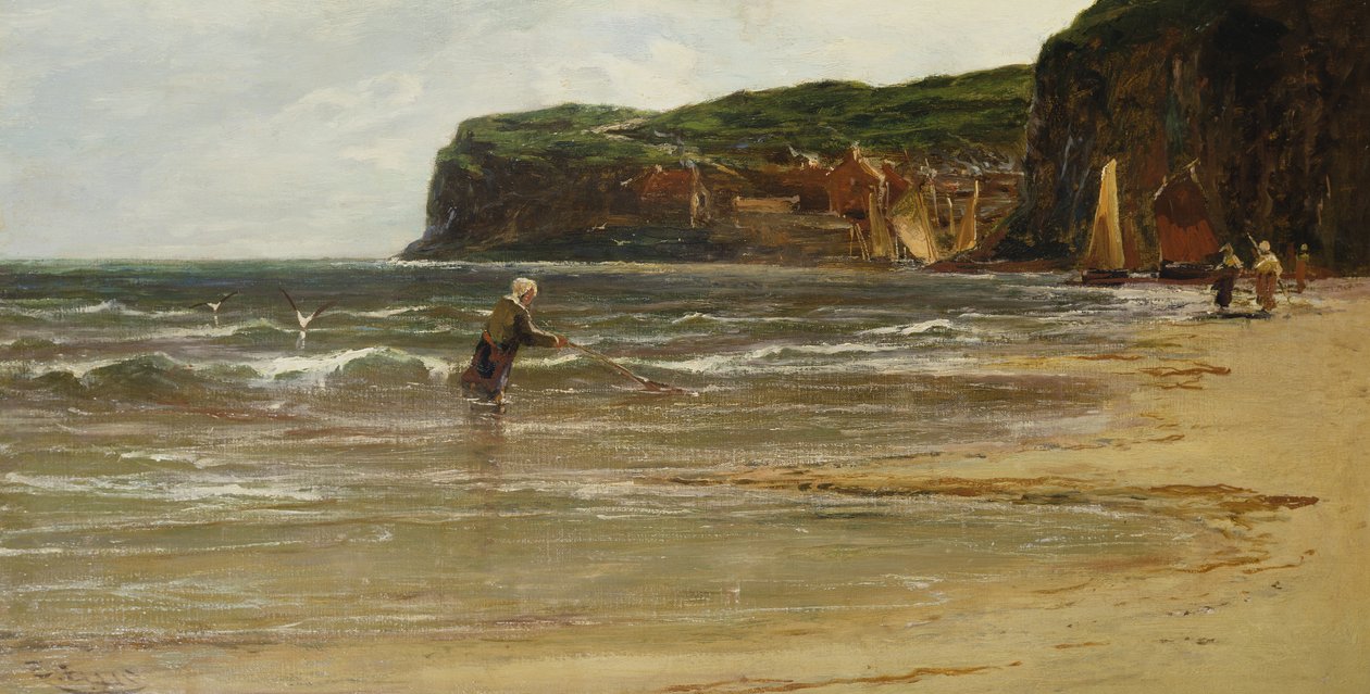 Kystudsigt med kvindereje, ca. 1900 af Edwin Ellis