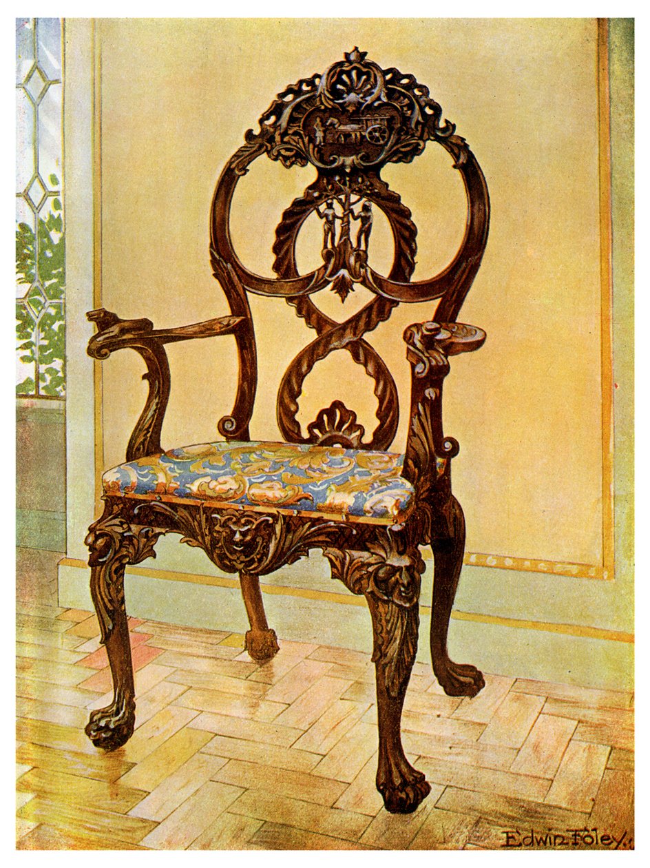 Udskåret tidlig Chippendale-formandsstol, 1911-1912. af Edwin Foley