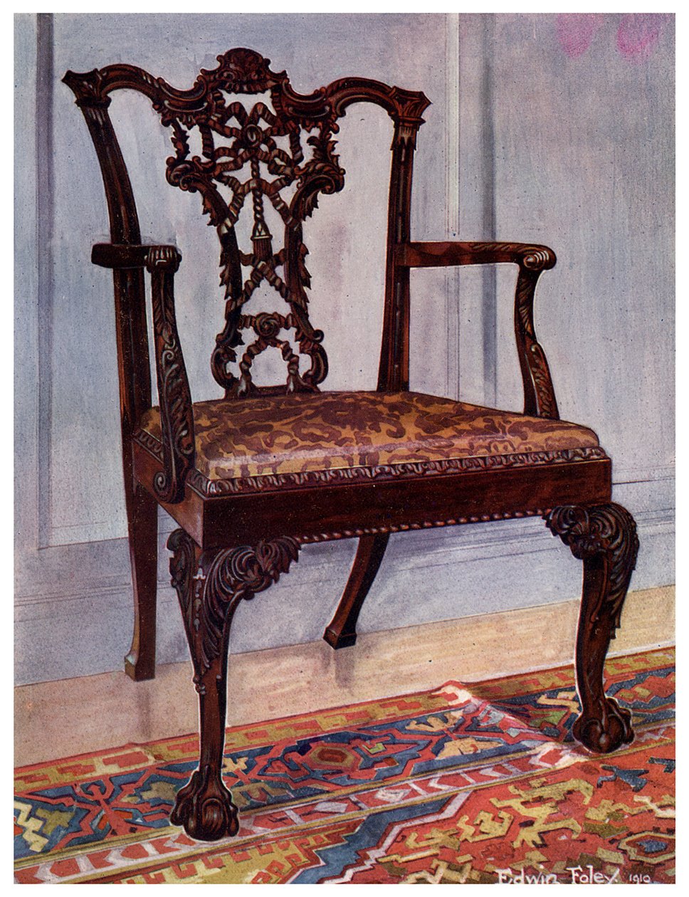 Mahogni lænestol, stil af Chippendale, 1911-1912. af Edwin Foley
