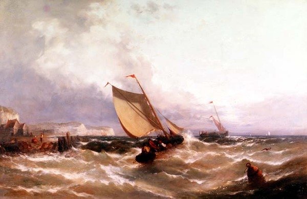 Fiskerbåde ud for en kystlinje af Edwin Hayes
