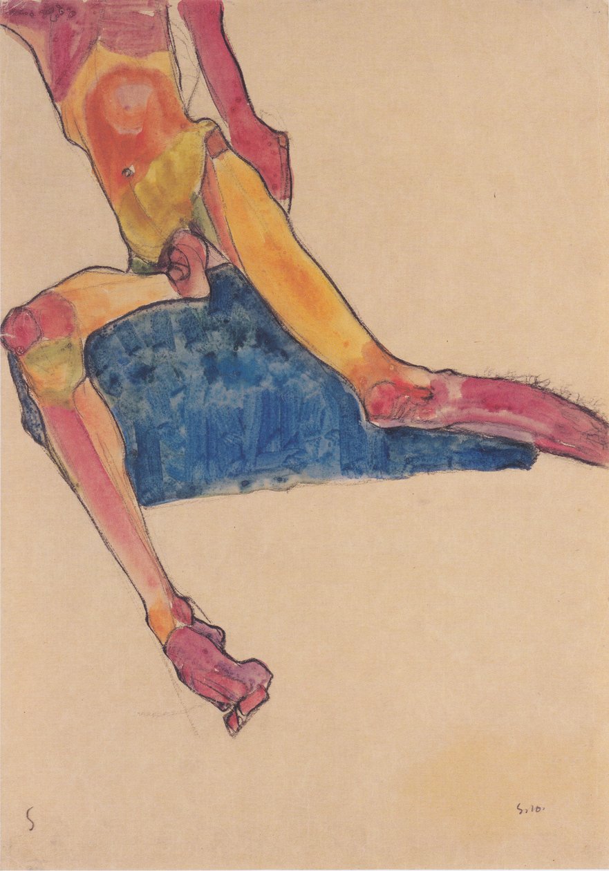 Torso på blå håndklæde af Egon Schiele