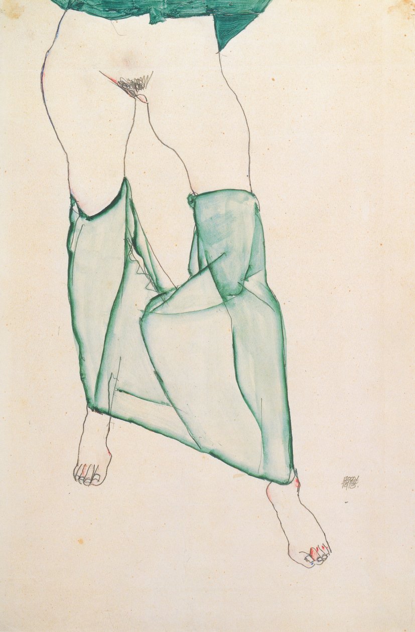Kvindelig torso med grønne forhæng af Egon Schiele