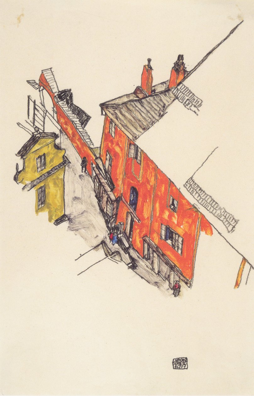 Gamle gavlhuse i Krumau fra Schlossberg af Egon Schiele