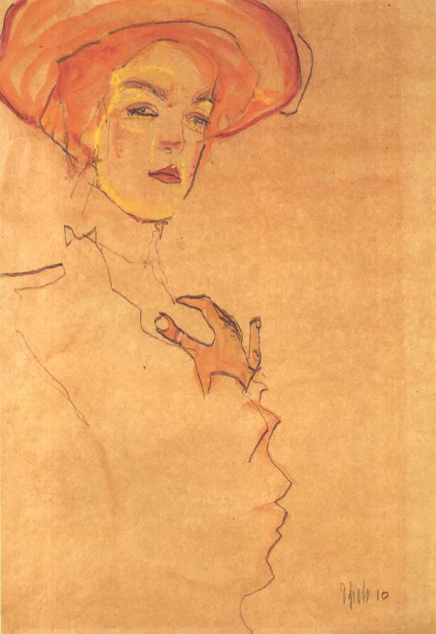 Portræt af en dame i en orange hat af Egon Schiele