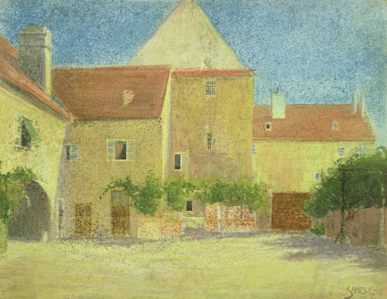 Courtyard of a Forge (blandet medier på papir) af Egon Schiele