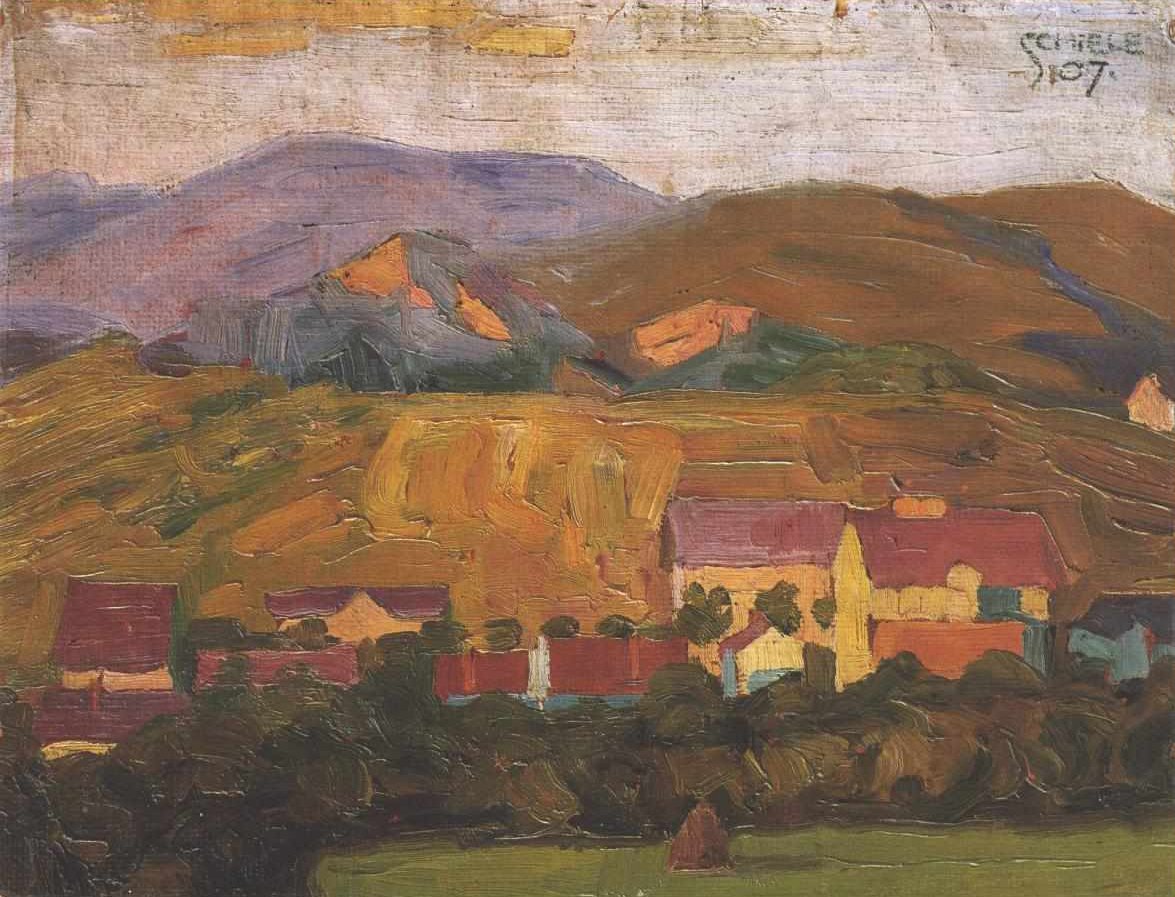 Landsby med bjerge af Egon Schiele