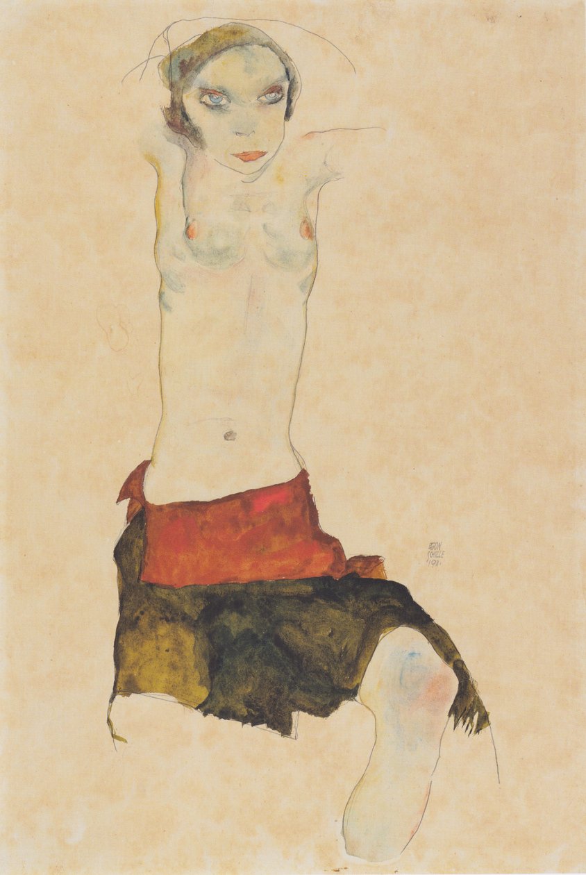 Halvnøgen siddende pige af Egon Schiele