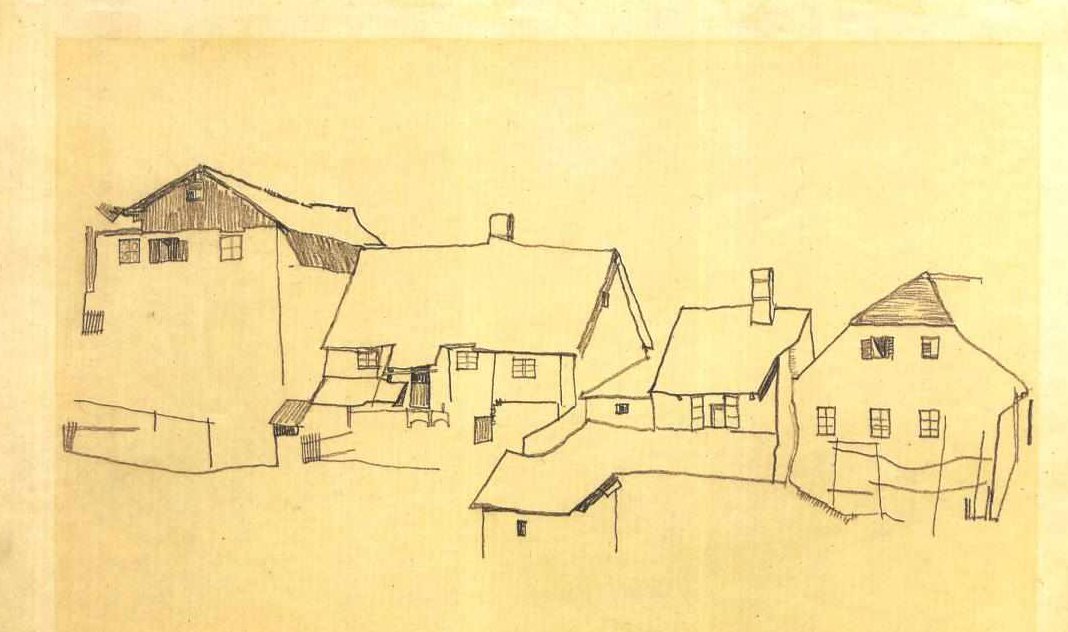 Række af huse i Krumlov af Egon Schiele