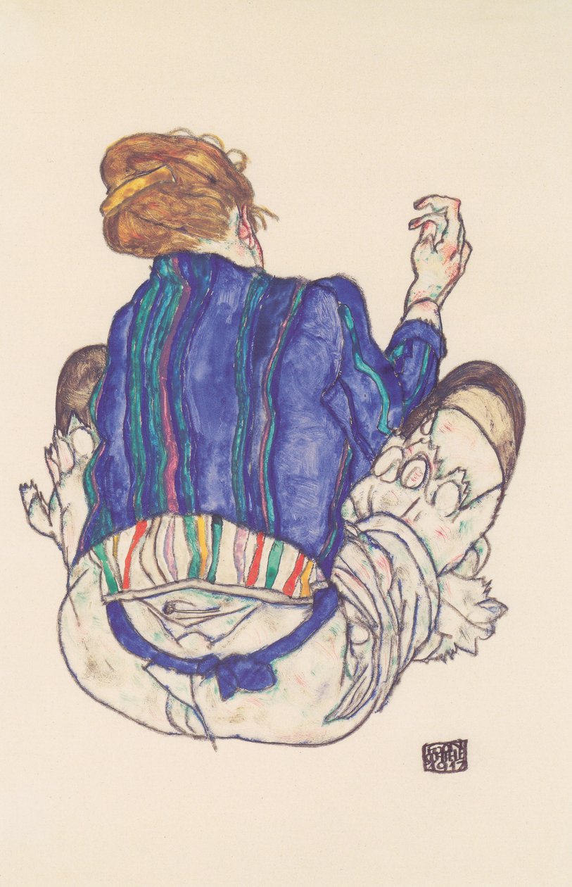 Set bagfra af en siddende kvinde af Egon Schiele