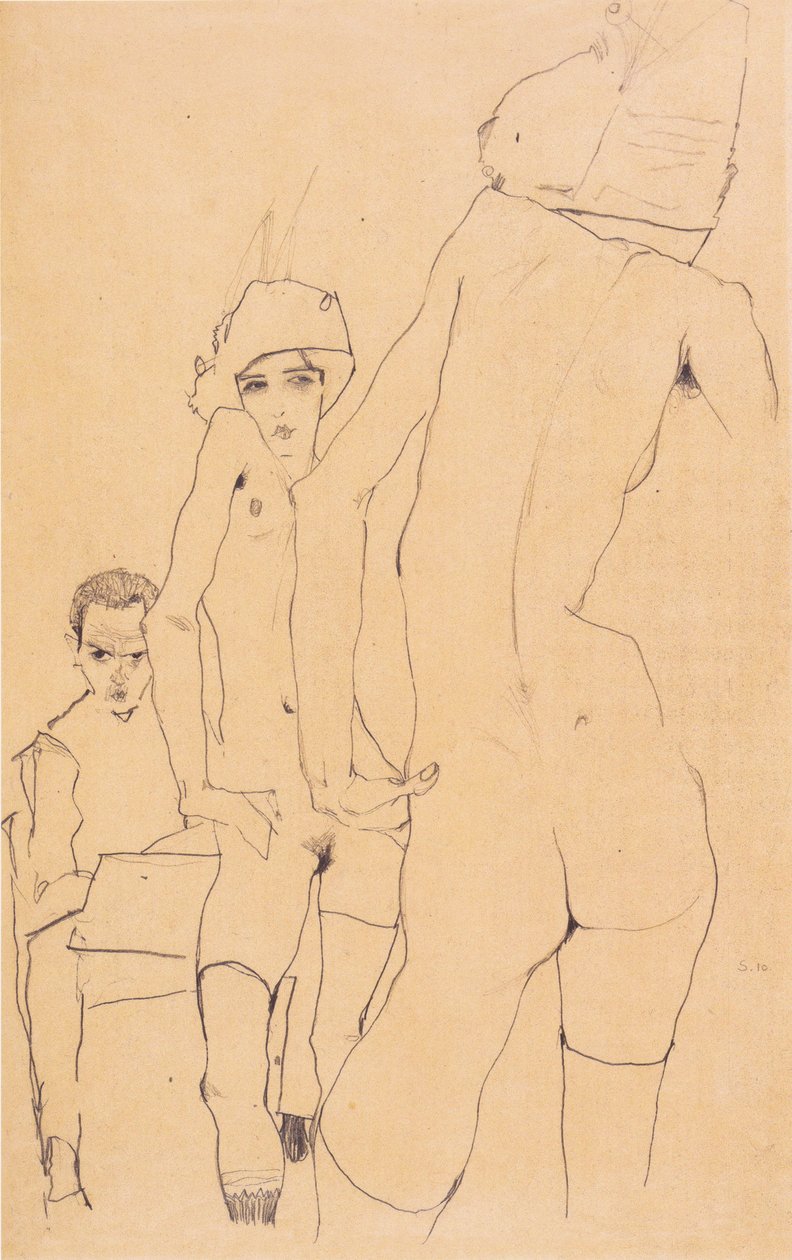 Schiele med en nøgen model foran spejlet af Egon Schiele
