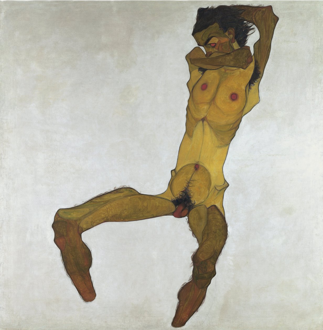 Siddende mandlig nøgen (selvportræt) af Egon Schiele