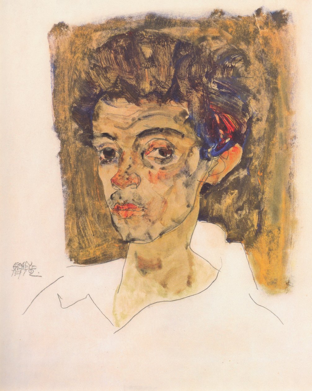 Selvportræt mod en brun baggrund af Egon Schiele