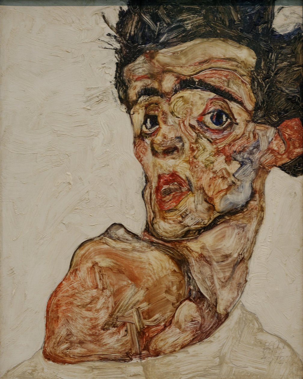 Selvportræt med løftet bar skulder af Egon Schiele