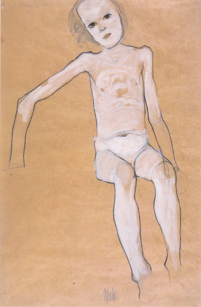 Sidder nøgen pige af Egon Schiele