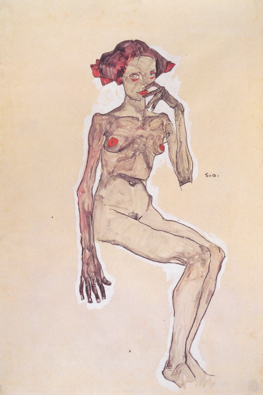 Sidder nøgen pige af Egon Schiele
