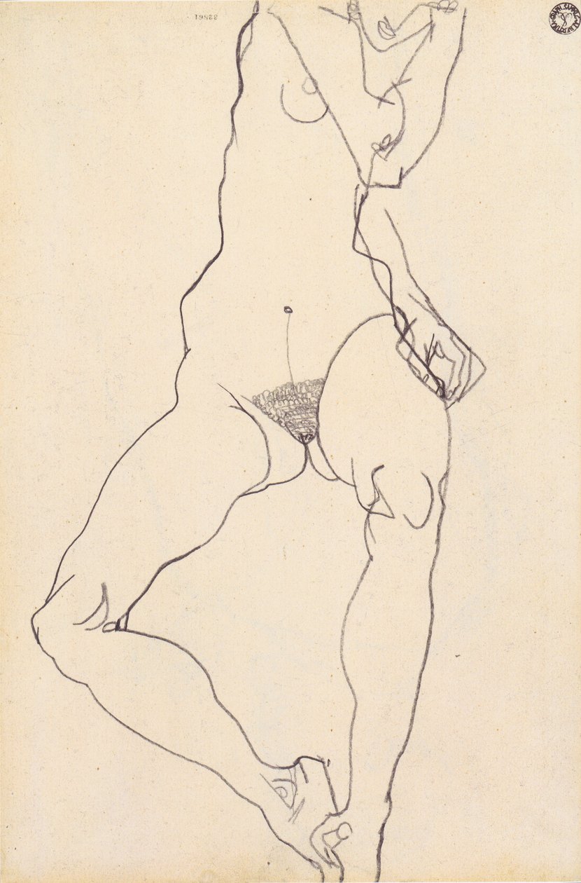Sidder kvindelig nøgen af Egon Schiele