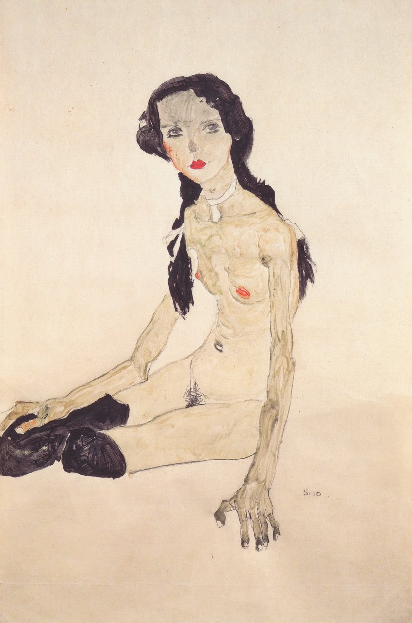 Siddende pige med hestehale af Egon Schiele