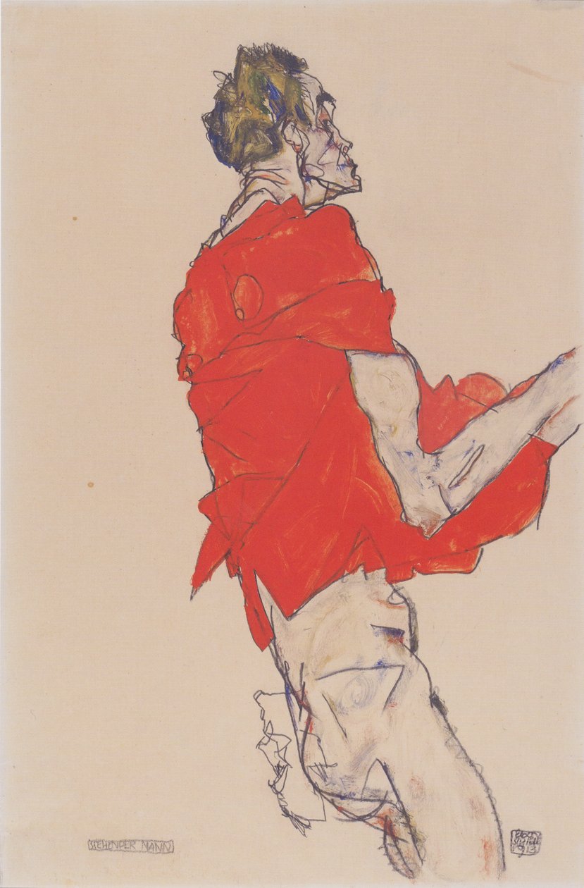 Stående mand (selvudtryk i rød skjorte) af Egon Schiele