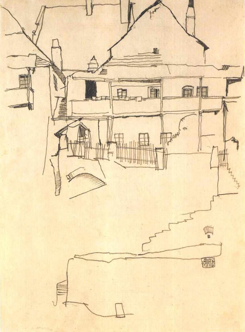 Studie til billedet Hus med tagsten af Egon Schiele
