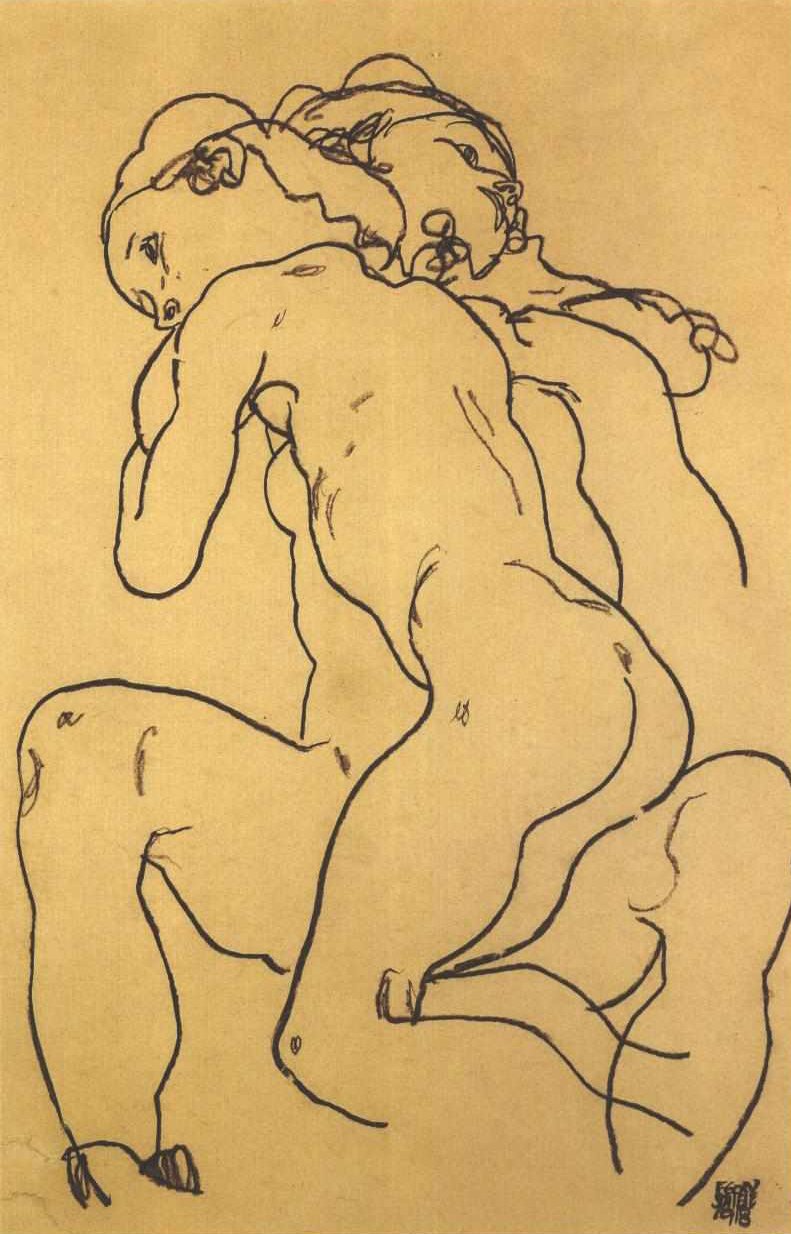 To nøgenbilleder af piger, der krammer hinanden af Egon Schiele