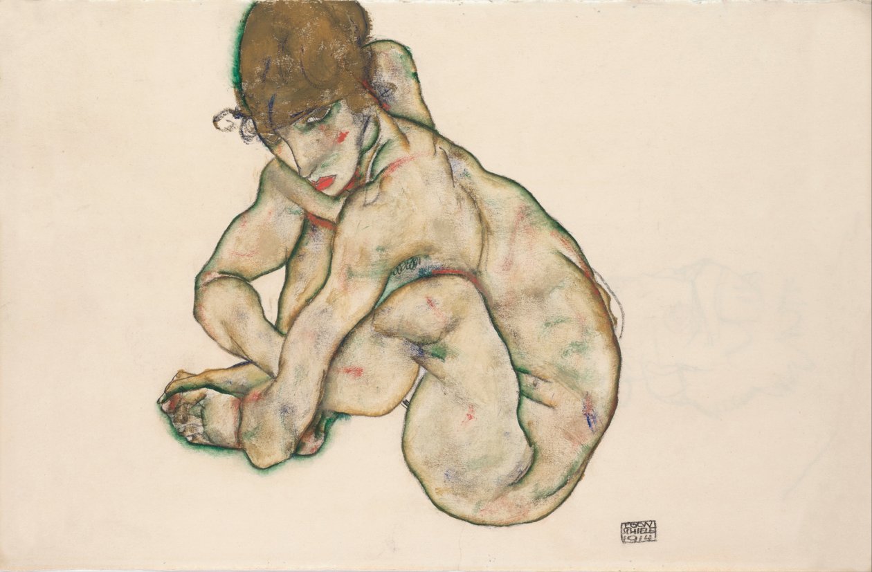 Krøjende nøgen pige, 1914 af Egon Schiele