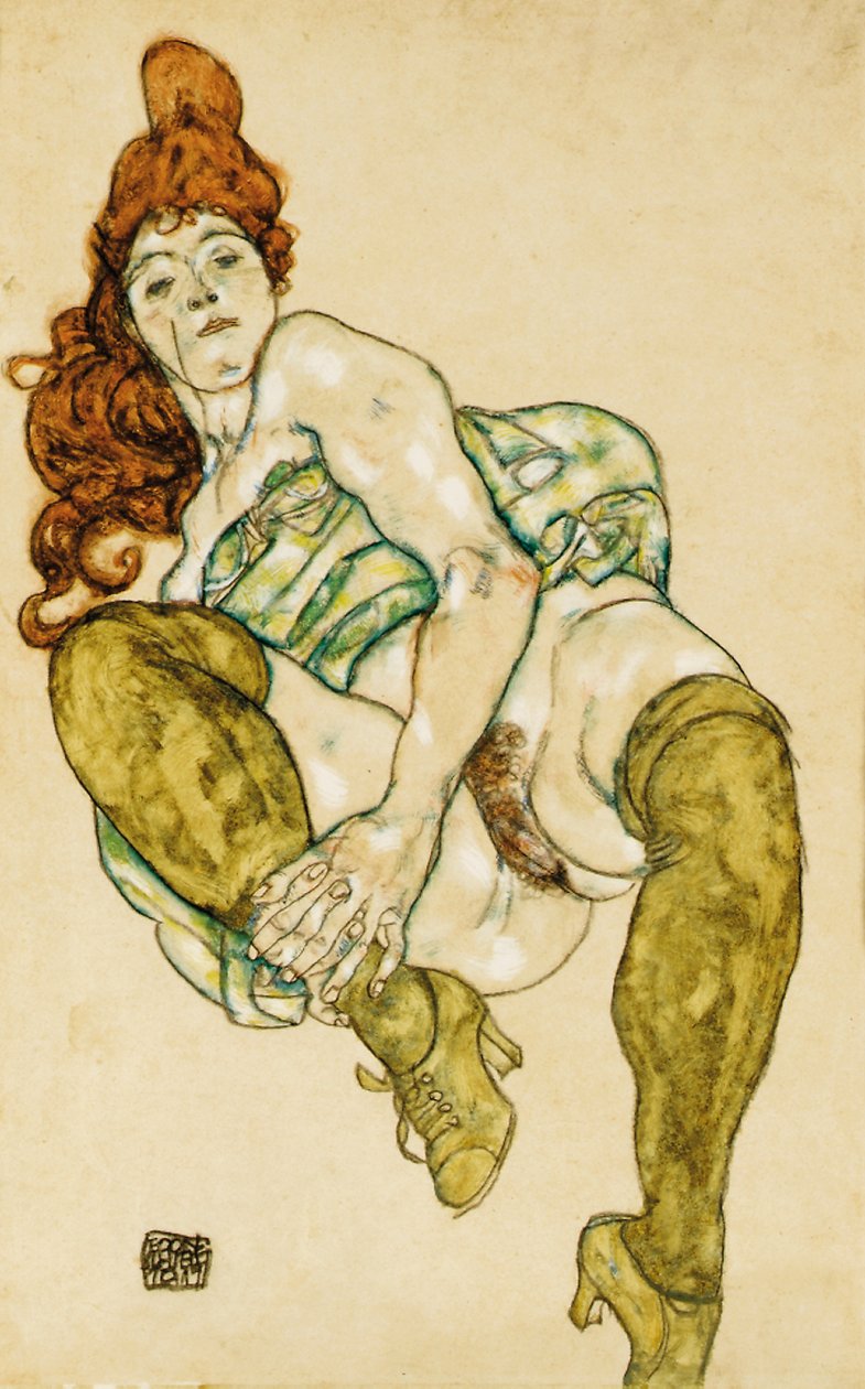 Kvindelige nøgen omspændende højre ben, 1917 af Egon Schiele