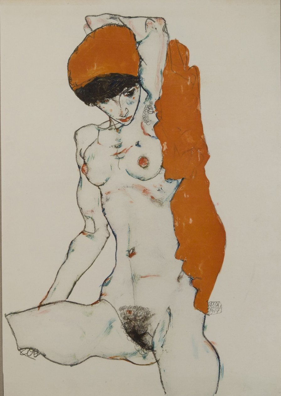 Kvinde nøgen med orangerødt klæde, 1914 af Egon Schiele