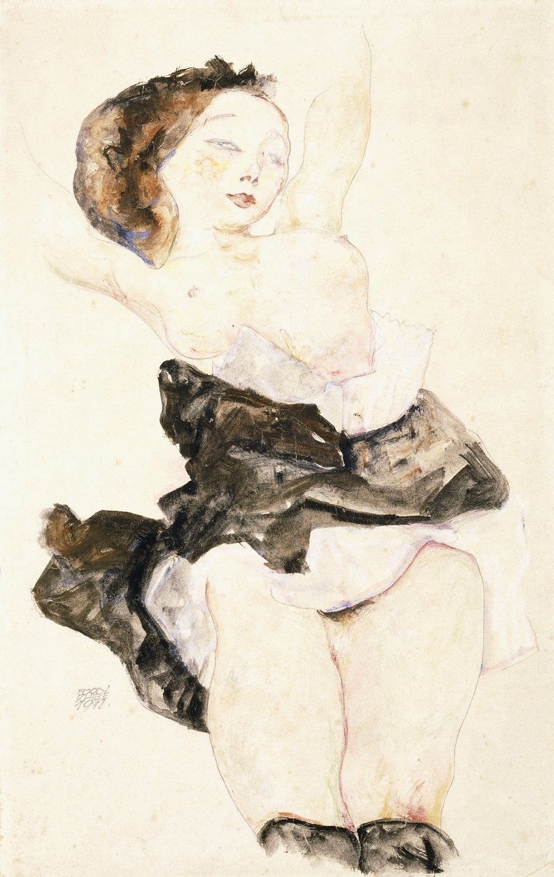 Liggende ung pige, halvnøgen, 1912 af Egon Schiele