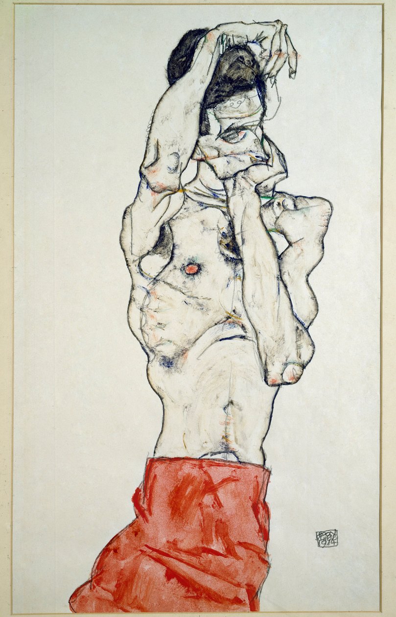 Mand nøgen med rødt lagen af Egon Schiele
