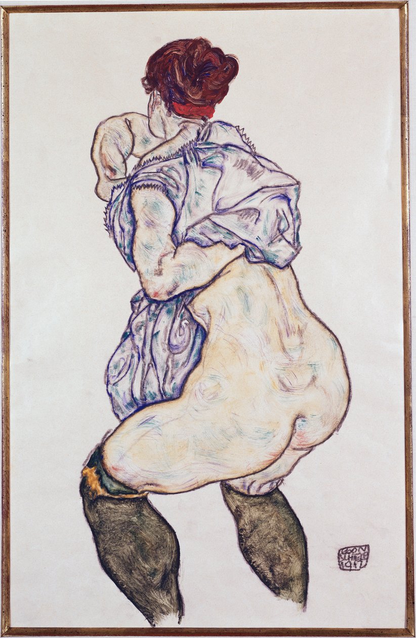 Elskerinde Halbakt med grønne strømper, 1917 af Egon Schiele