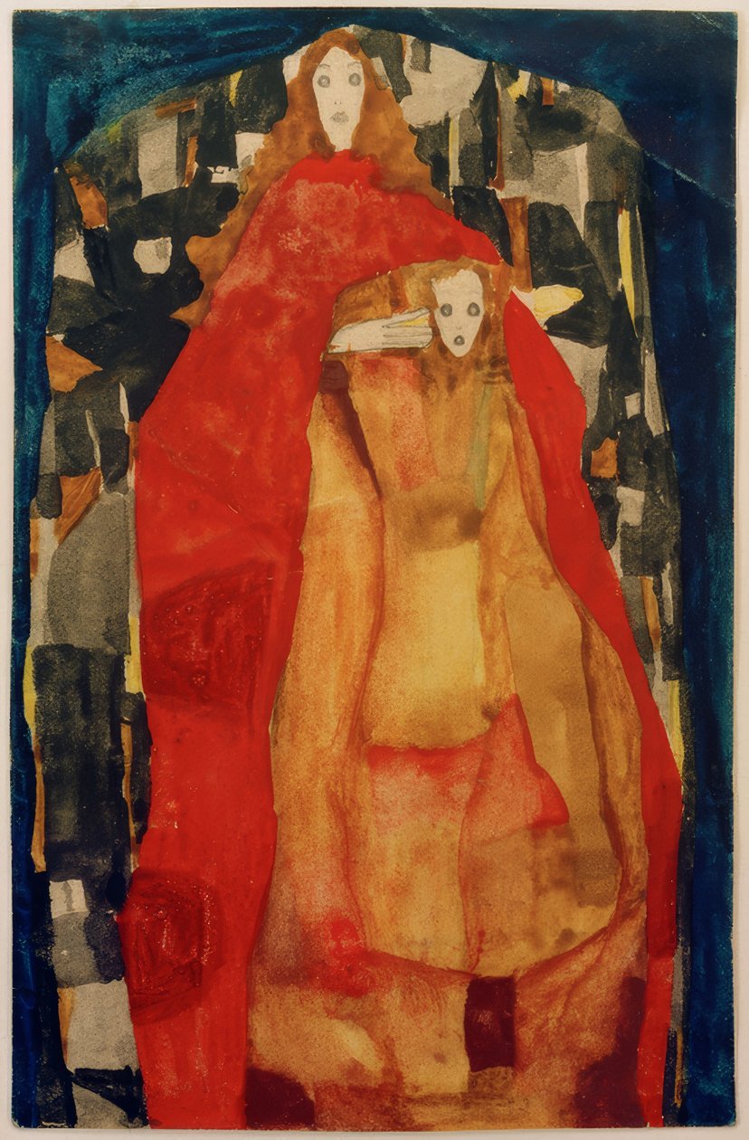 Mor med barn i rød frakke af Egon Schiele