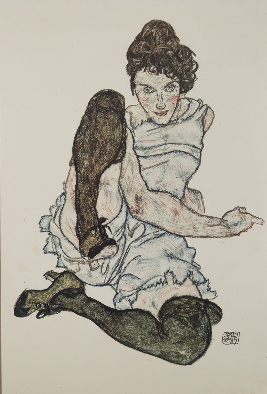 Siddende kvinde med optrukket ben, 1917 af Egon Schiele