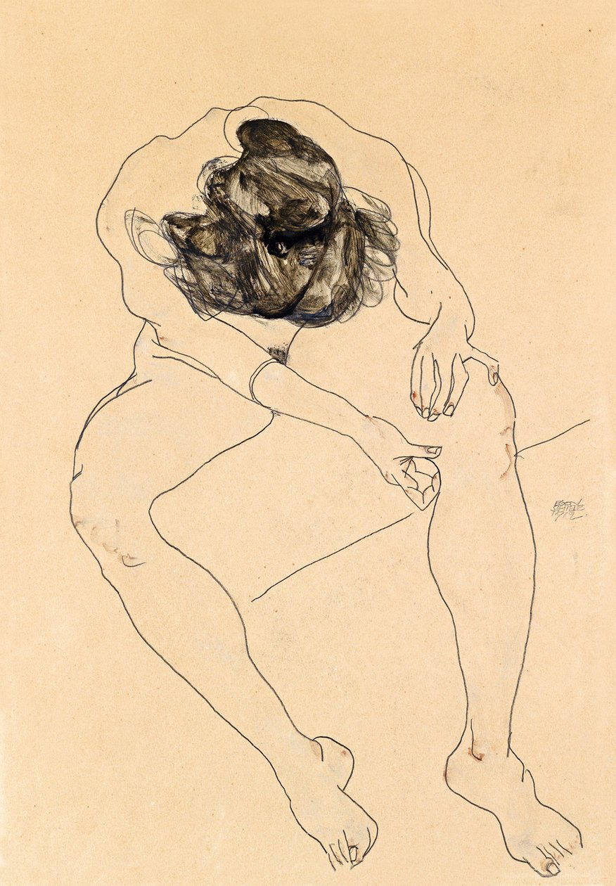 Siddende kvindelig nøgen, 1912 af Egon Schiele