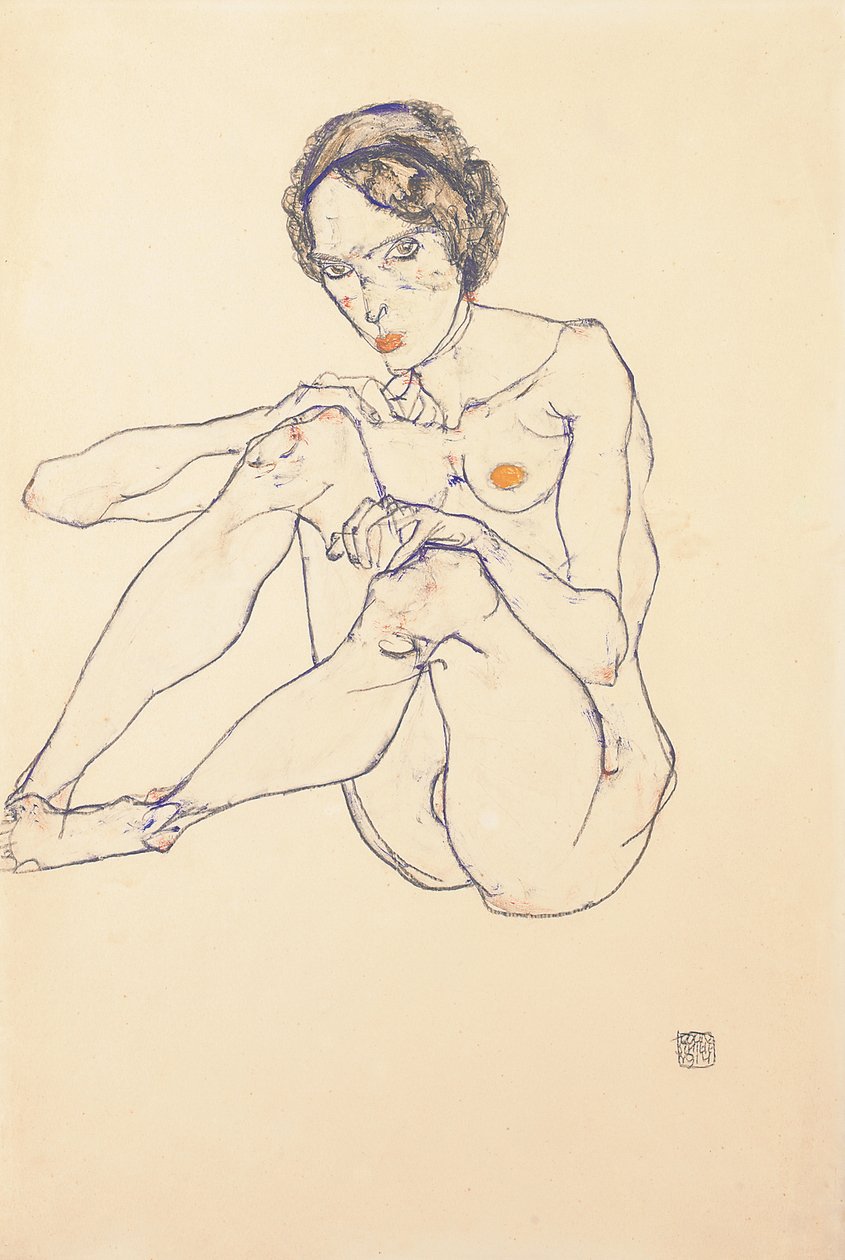 Siddende kvindelig nøgen, 1914 af Egon Schiele