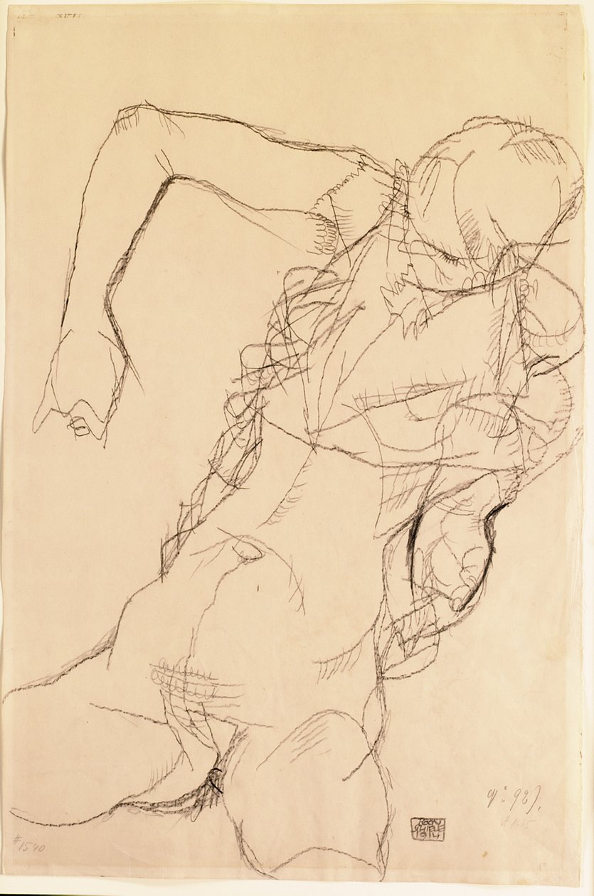 Siddende nøgen, 1914 af Egon Schiele