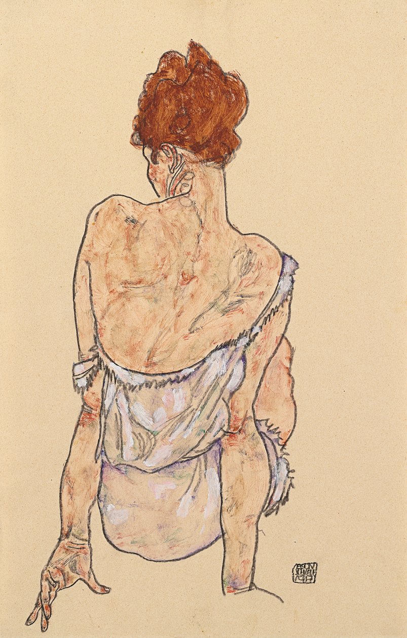 Siddende kvinde i undertøj, set bagfra, 1917 af Egon Schiele