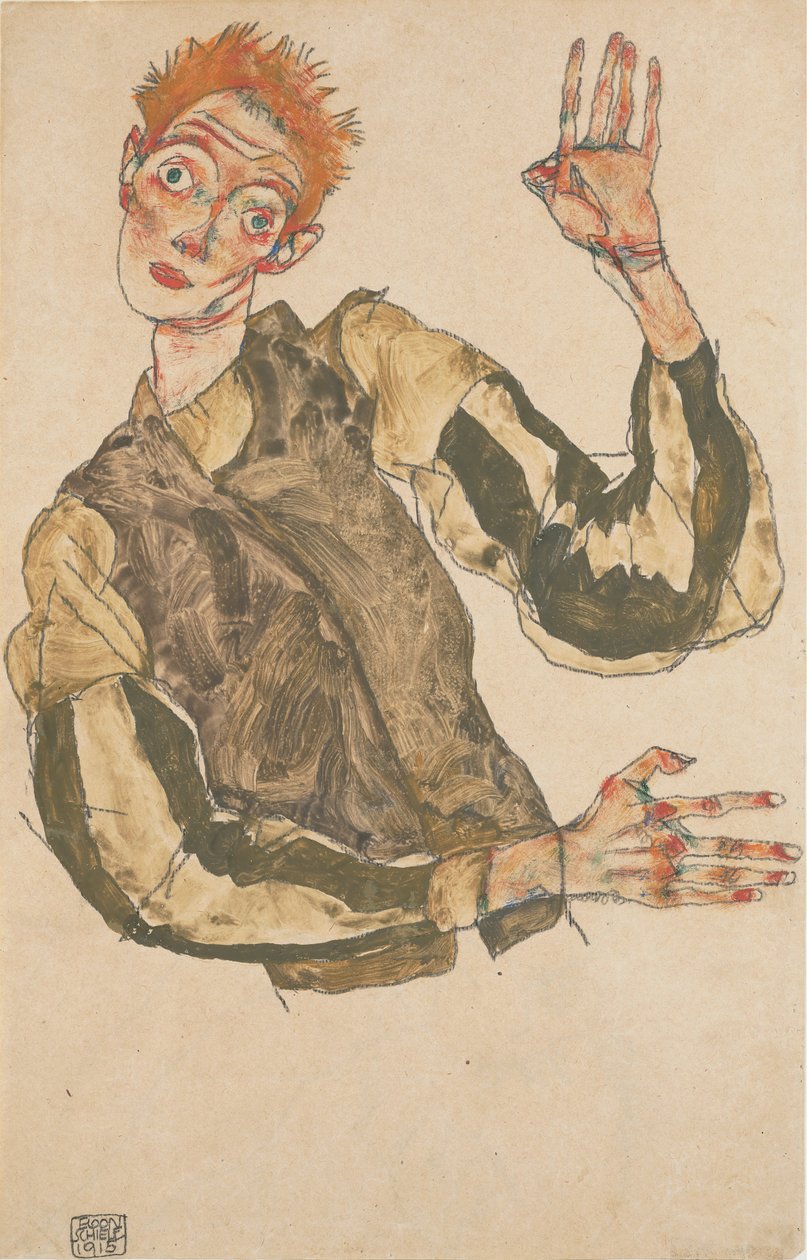 Selvportræt med stribede armbind, 1915 af Egon Schiele