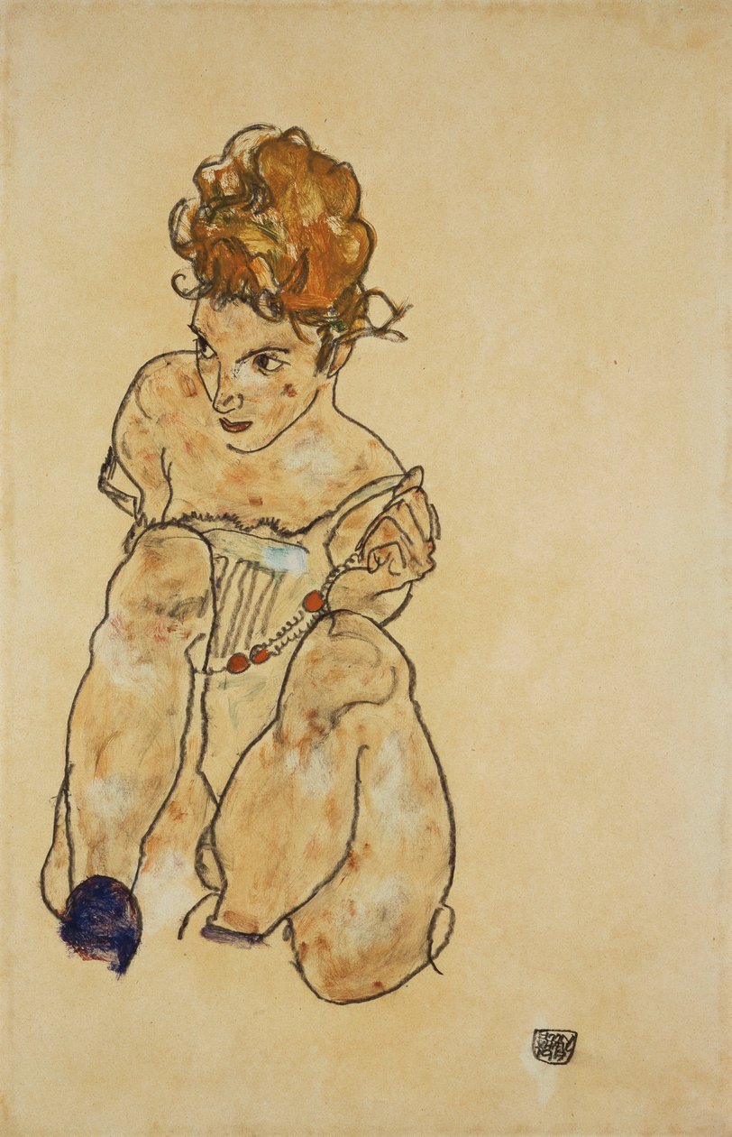 Siddende pige i undertøj, 1917 af Egon Schiele
