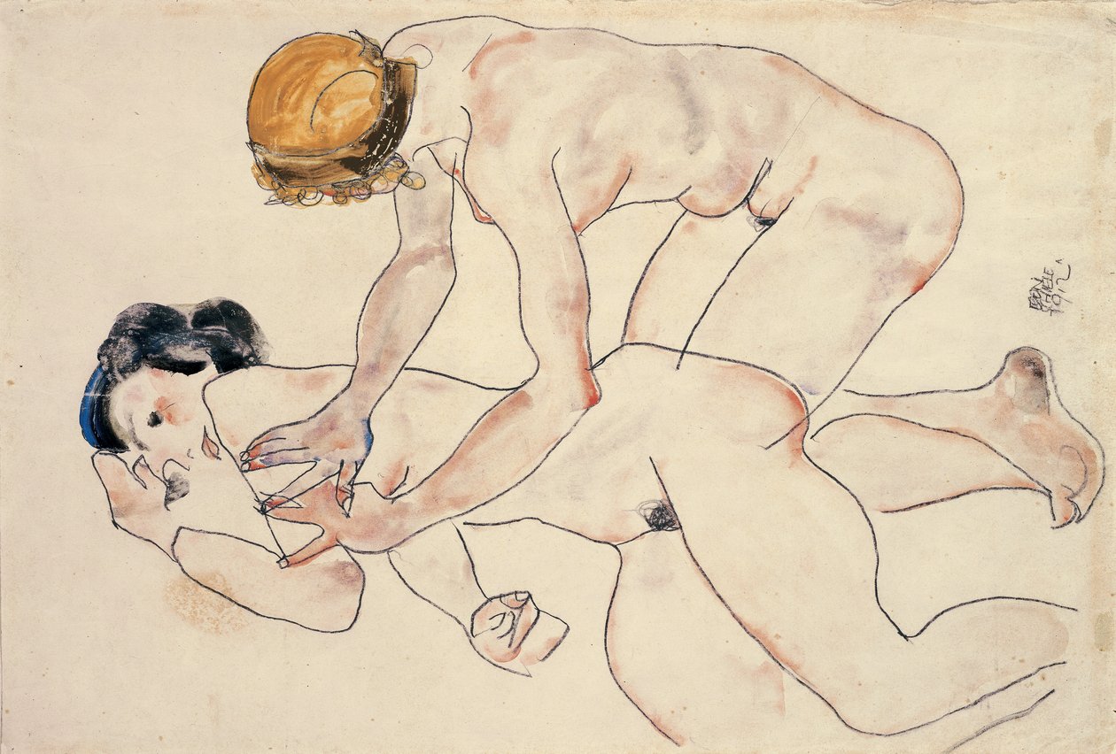 To kvindelige nøgenbilleder, lænende og knælende af Egon Schiele