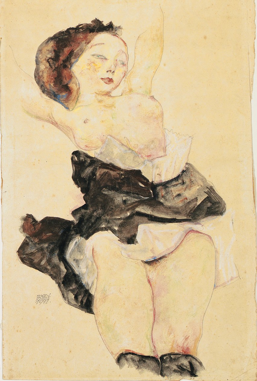 Ung pige tilbagelænet, halvnøgen, 1912 af Egon Schiele