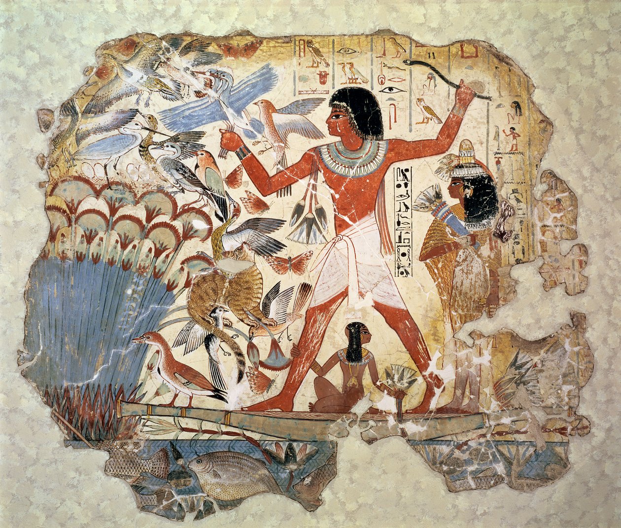 Nebamun på jagt i marsken med sin kone og datter, del af et vægmaleri fra Nebamuns gravkapel, Theben, Det Nye Rige, ca. 1350 f.Kr. (bemalet gips) af Egyptian 18th Dynasty
