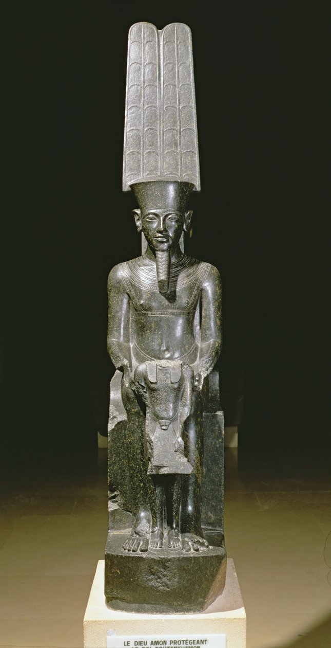Statue af guden Amun, der beskytter Tutankhamon, egyptisk, New Kingdom, ca. 1347-37 f.Kr. (granit) af Egyptian 18th Dynasty