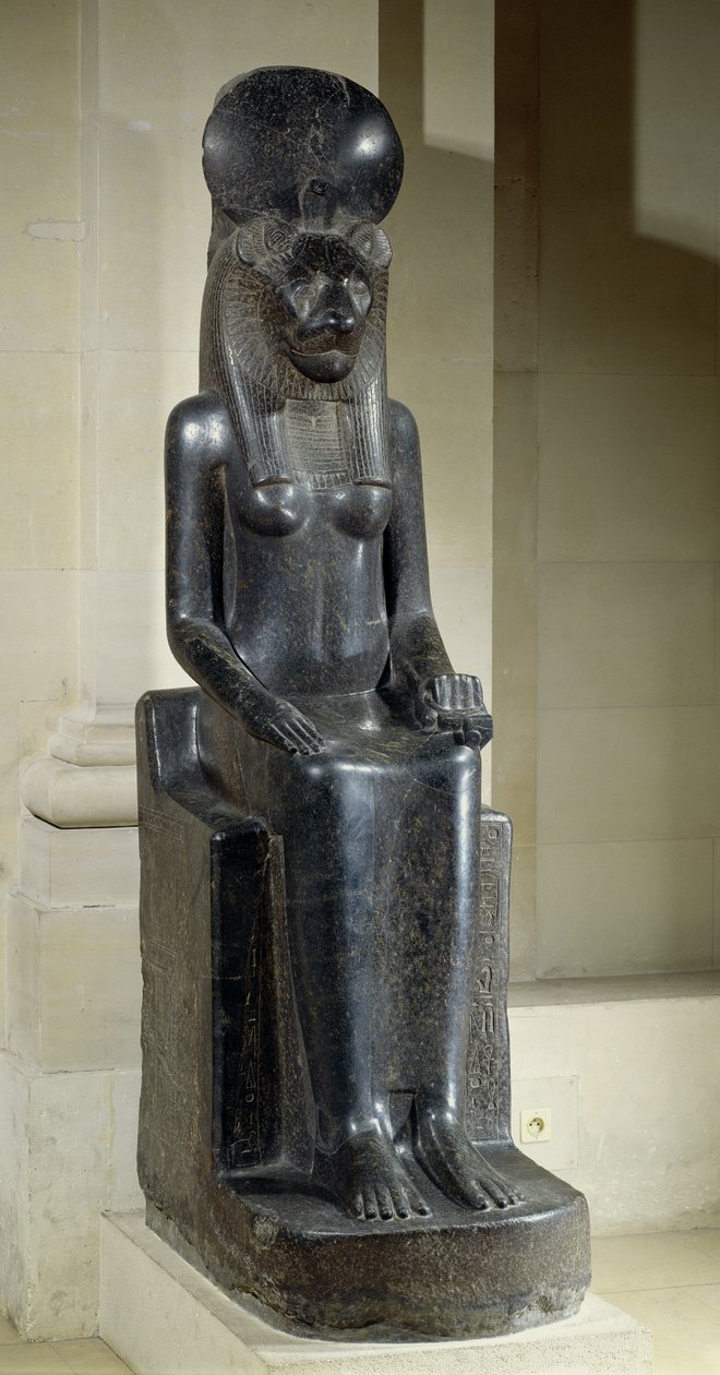 Statue af den løvehovedede gudinde Sekhmet, fra Mut-templet, Karnak, New Kingdom, ca. 1391-1353 f.Kr. (diorit) (se også 218945) af Egyptian 18th Dynasty